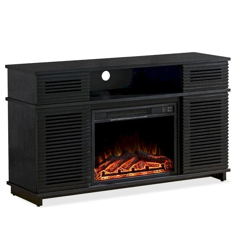 Black Electric Fireplace TV Stand Cabinet Louvered Doors Remote Control