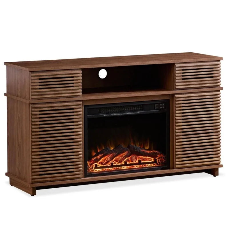 Black Electric Fireplace TV Stand Cabinet Louvered Doors Remote Control