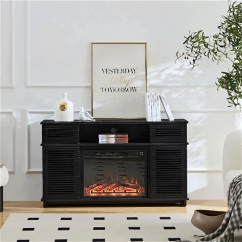 Black Electric Fireplace TV Stand Cabinet Louvered Doors Remote Control