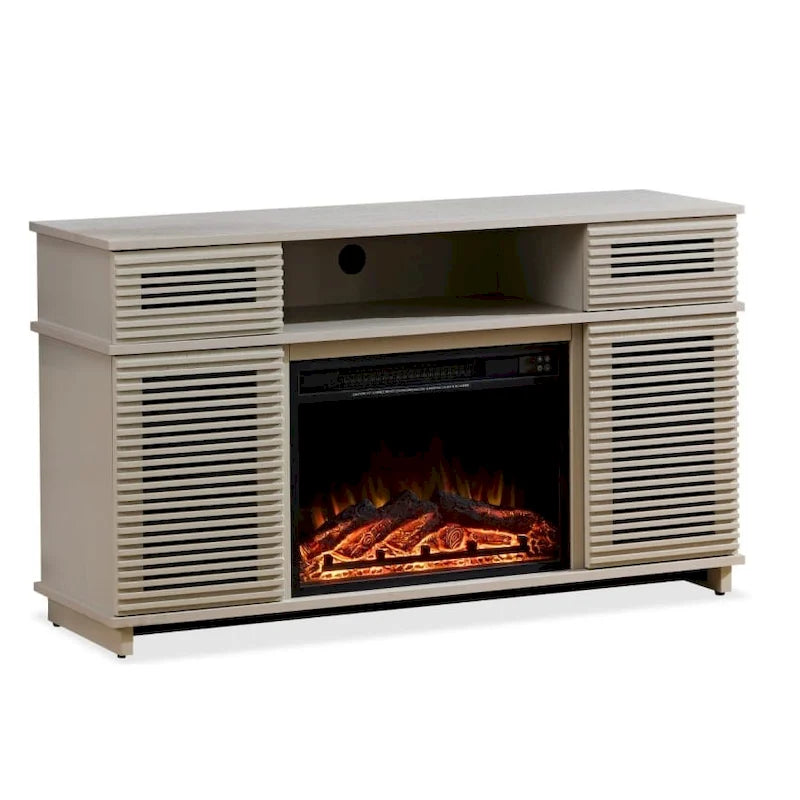 Black Electric Fireplace TV Stand Cabinet Louvered Doors Remote Control