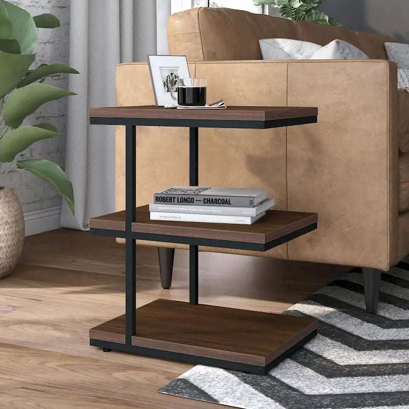 Walnut 3-Tier Side End Table Matte Black Steel Frame Rustic Wood Grain