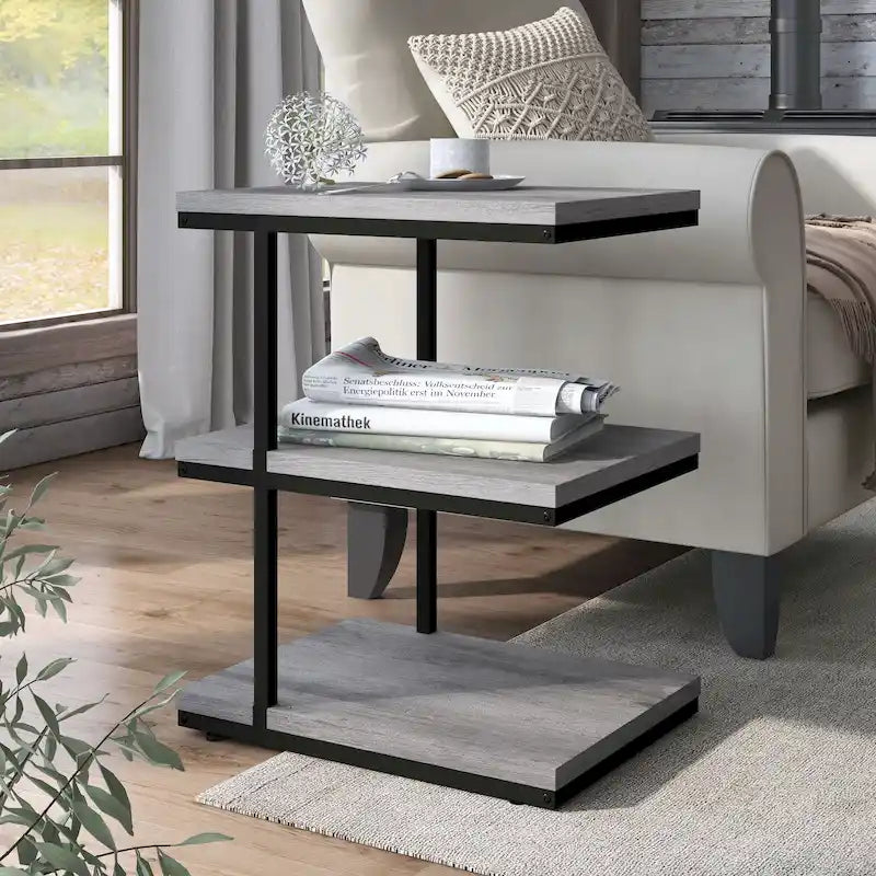 Walnut 3-Tier Side End Table Matte Black Steel Frame Rustic Wood Grain