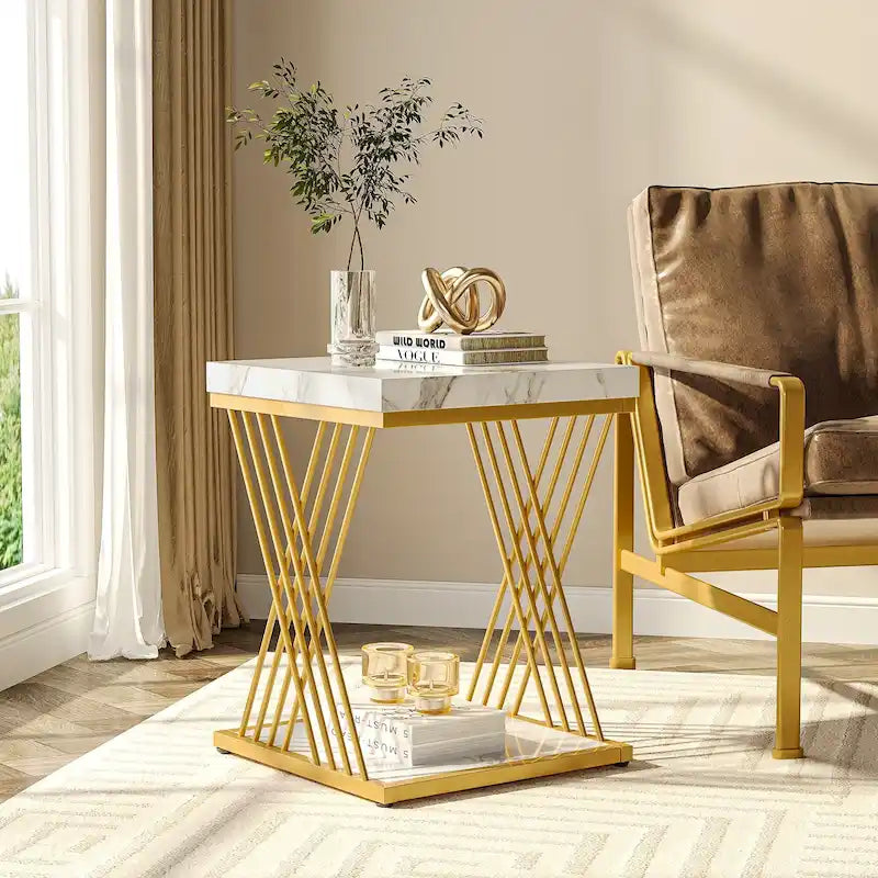 White Faux Marble Square 2-Tier End Table Gold Geometric Iron Frame