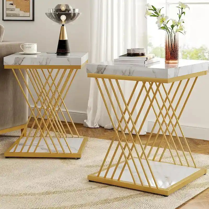 White Faux Marble Square 2-Tier End Table Gold Geometric Iron Frame