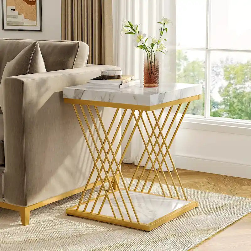 White Faux Marble Square 2-Tier End Table Gold Geometric Iron Frame