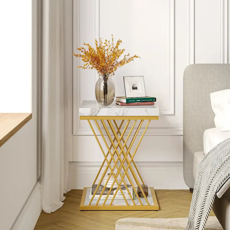 White Faux Marble Square 2-Tier End Table Gold Geometric Iron Frame