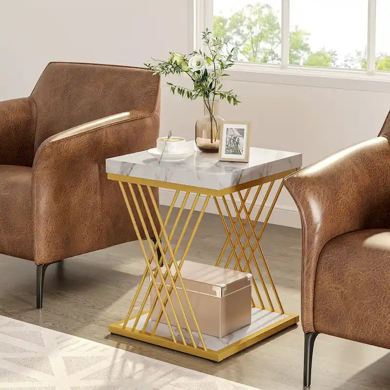 White Faux Marble Square 2-Tier End Table Gold Geometric Iron Frame
