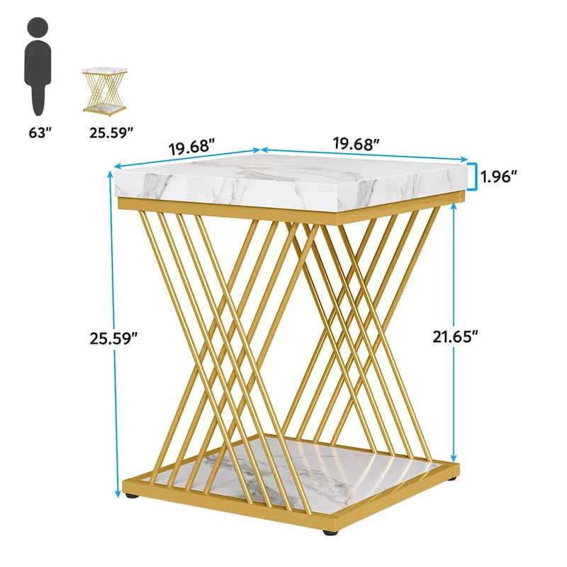 White Faux Marble Square 2-Tier End Table Gold Geometric Iron Frame