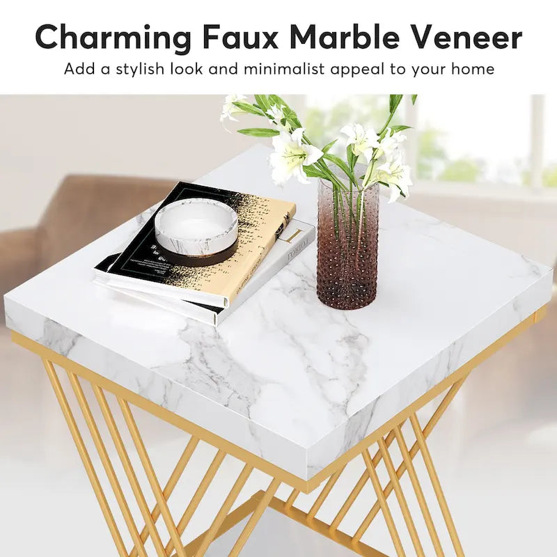 White Faux Marble Square 2-Tier End Table Gold Geometric Iron Frame