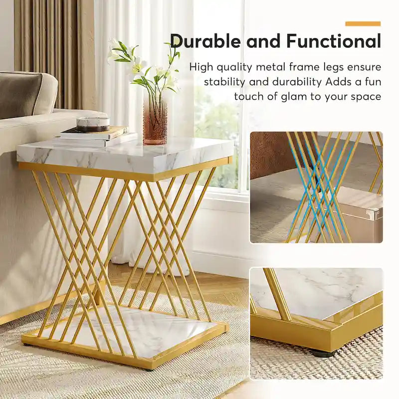White Faux Marble Square 2-Tier End Table Gold Geometric Iron Frame