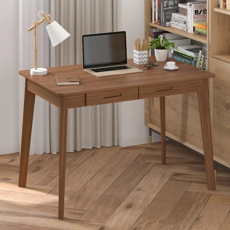 White Oak Writing Desk 2 Drawers Solid Wood Tapered Legs Rounded Corners 39.4 Inch