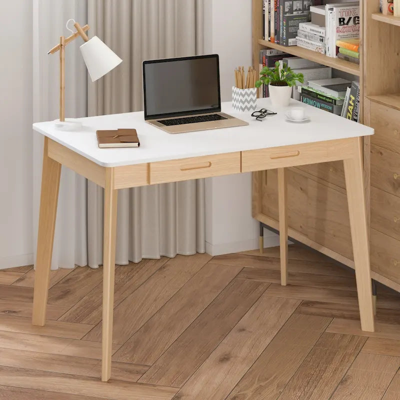 White Oak Writing Desk 2 Drawers Solid Wood Tapered Legs Rounded Corners 39.4 Inch