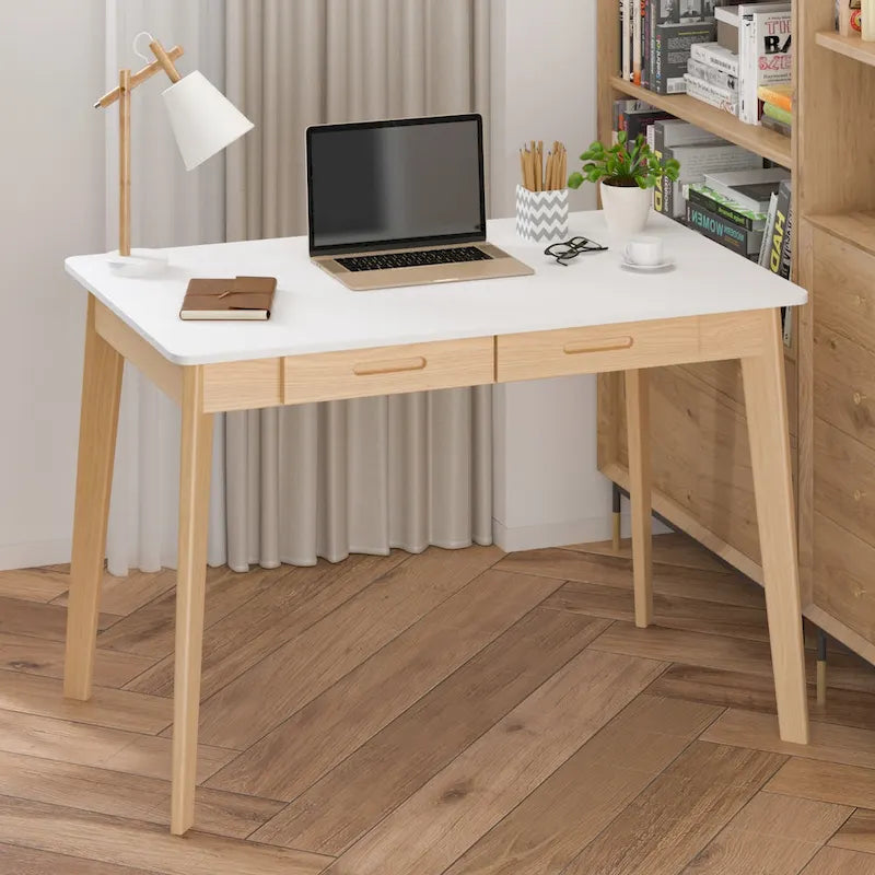 Schreibtisch aus weißer Eiche, 2 Schubladen, Massivholz, konische Beine, abgerundete Ecken, 39.4 Inch