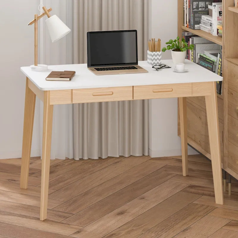 Schreibtisch aus weißer Eiche, 2 Schubladen, Massivholz, konische Beine, abgerundete Ecken, 39.4 Inch