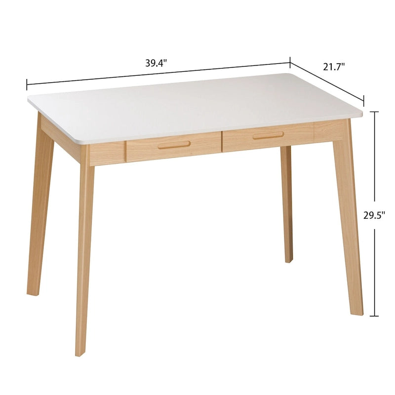 White Oak Writing Desk 2 Drawers Solid Wood Tapered Legs Rounded Corners 39.4 Inch