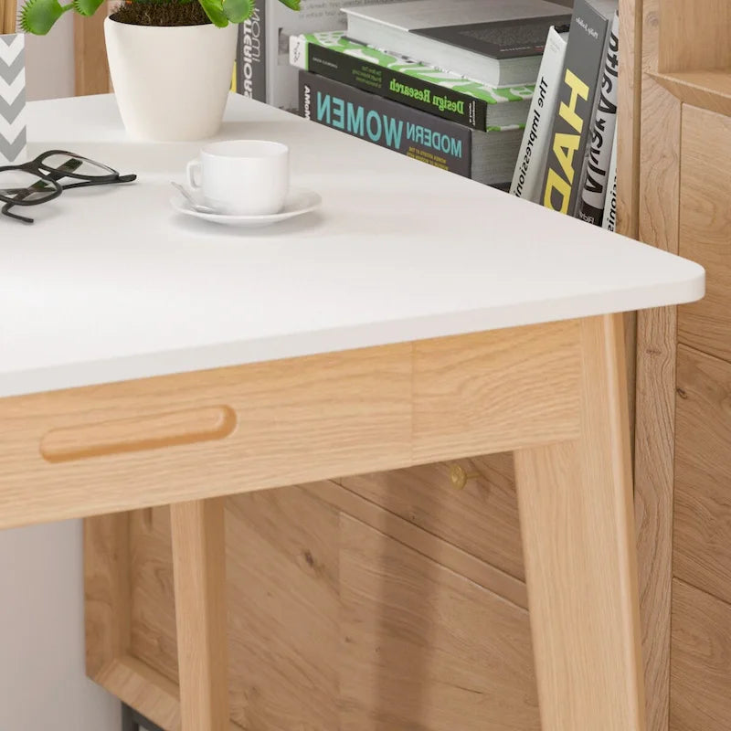 Schreibtisch aus weißer Eiche, 2 Schubladen, Massivholz, konische Beine, abgerundete Ecken, 39.4 Inch