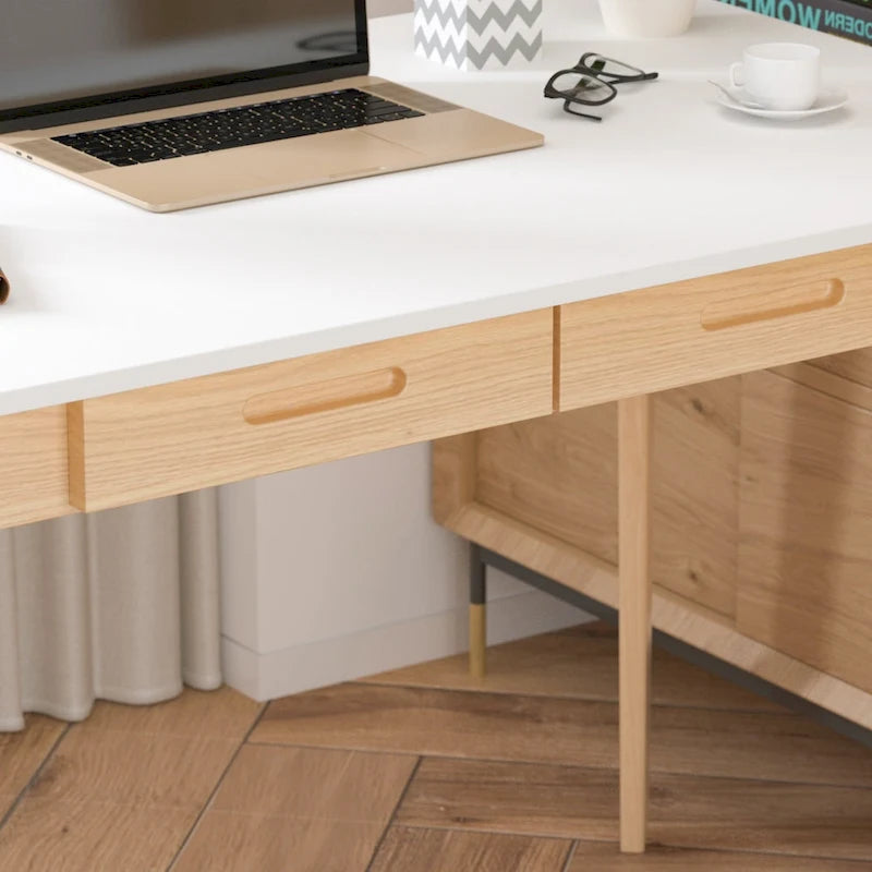 Schreibtisch aus weißer Eiche, 2 Schubladen, Massivholz, konische Beine, abgerundete Ecken, 39.4 Inch
