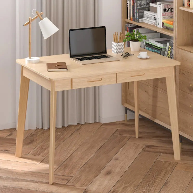 Schreibtisch aus weißer Eiche, 2 Schubladen, Massivholz, konische Beine, abgerundete Ecken, 39.4 Inch