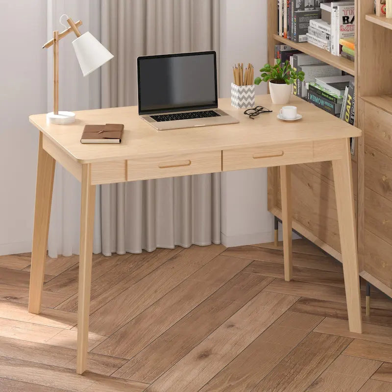 Schreibtisch aus weißer Eiche, 2 Schubladen, Massivholz, konische Beine, abgerundete Ecken, 39.4 Inch