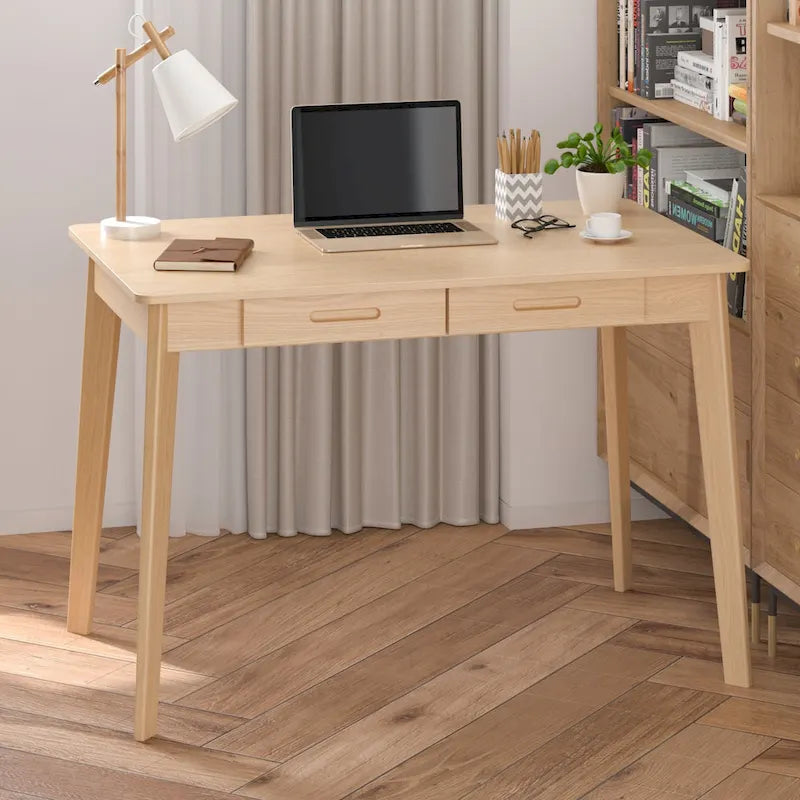 Schreibtisch aus weißer Eiche, 2 Schubladen, Massivholz, konische Beine, abgerundete Ecken, 39.4 Inch