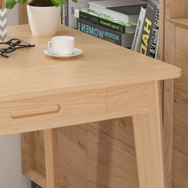 Schreibtisch aus weißer Eiche, 2 Schubladen, Massivholz, konische Beine, abgerundete Ecken, 39.4 Inch