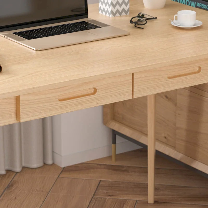 Schreibtisch aus weißer Eiche, 2 Schubladen, Massivholz, konische Beine, abgerundete Ecken, 39.4 Inch
