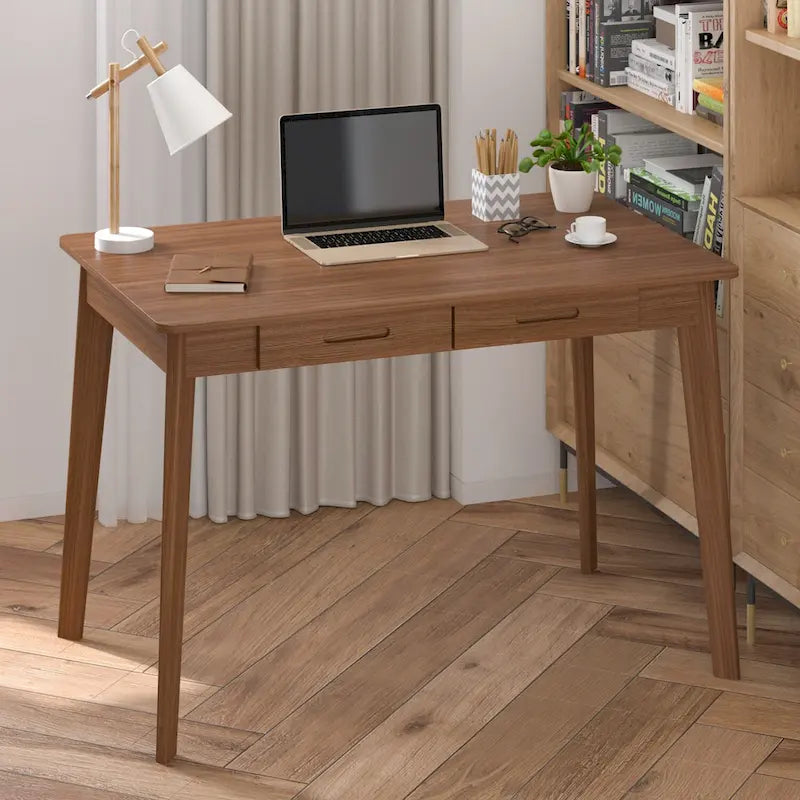 Schreibtisch aus weißer Eiche, 2 Schubladen, Massivholz, konische Beine, abgerundete Ecken, 39.4 Inch