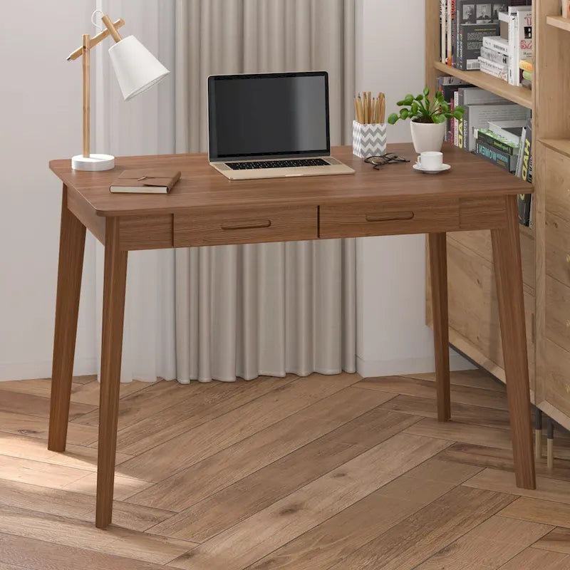 Schreibtisch aus weißer Eiche, 2 Schubladen, Massivholz, konische Beine, abgerundete Ecken, 39.4 Inch