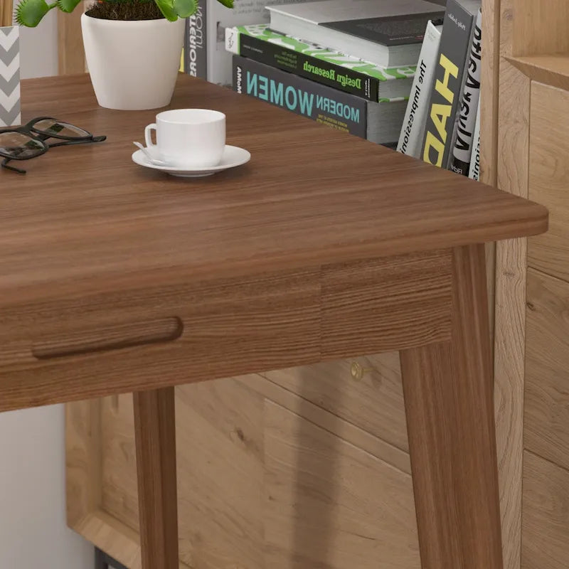 Schreibtisch aus weißer Eiche, 2 Schubladen, Massivholz, konische Beine, abgerundete Ecken, 39.4 Inch