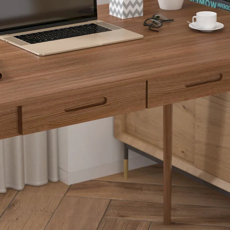 Schreibtisch aus weißer Eiche, 2 Schubladen, Massivholz, konische Beine, abgerundete Ecken, 39.4 Inch