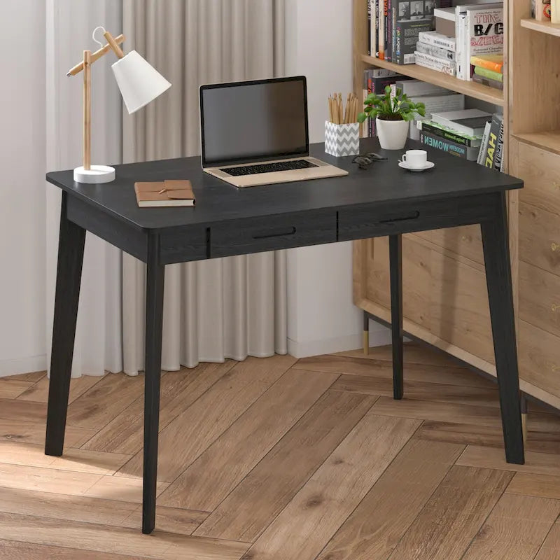 Schreibtisch aus weißer Eiche, 2 Schubladen, Massivholz, konische Beine, abgerundete Ecken, 39.4 Inch