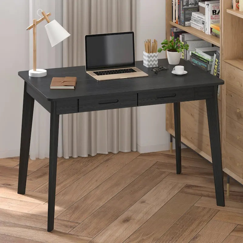 Schreibtisch aus weißer Eiche, 2 Schubladen, Massivholz, konische Beine, abgerundete Ecken, 39.4 Inch