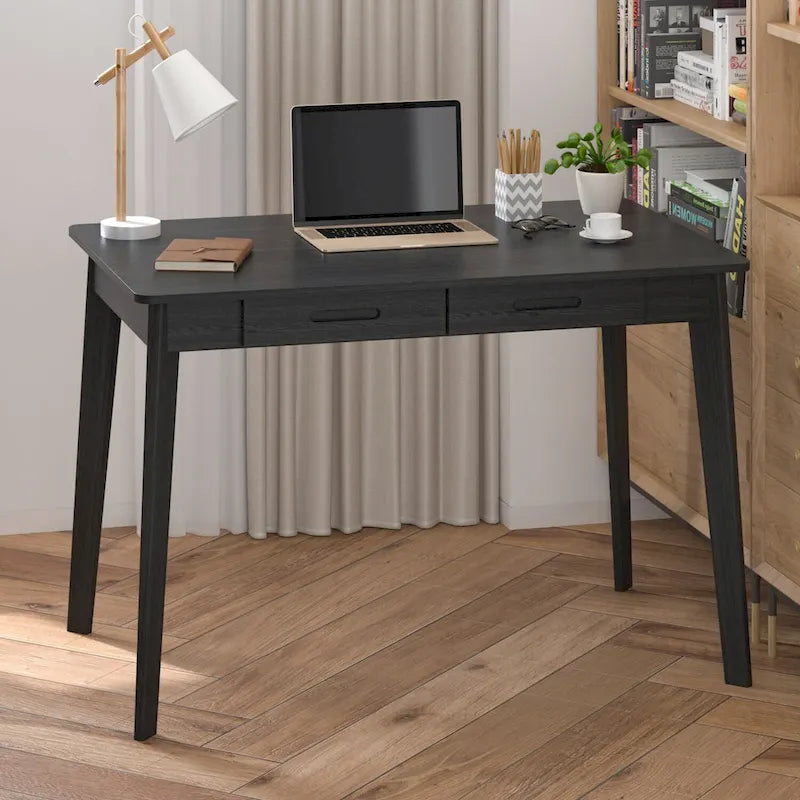 Schreibtisch aus weißer Eiche, 2 Schubladen, Massivholz, konische Beine, abgerundete Ecken, 39.4 Inch