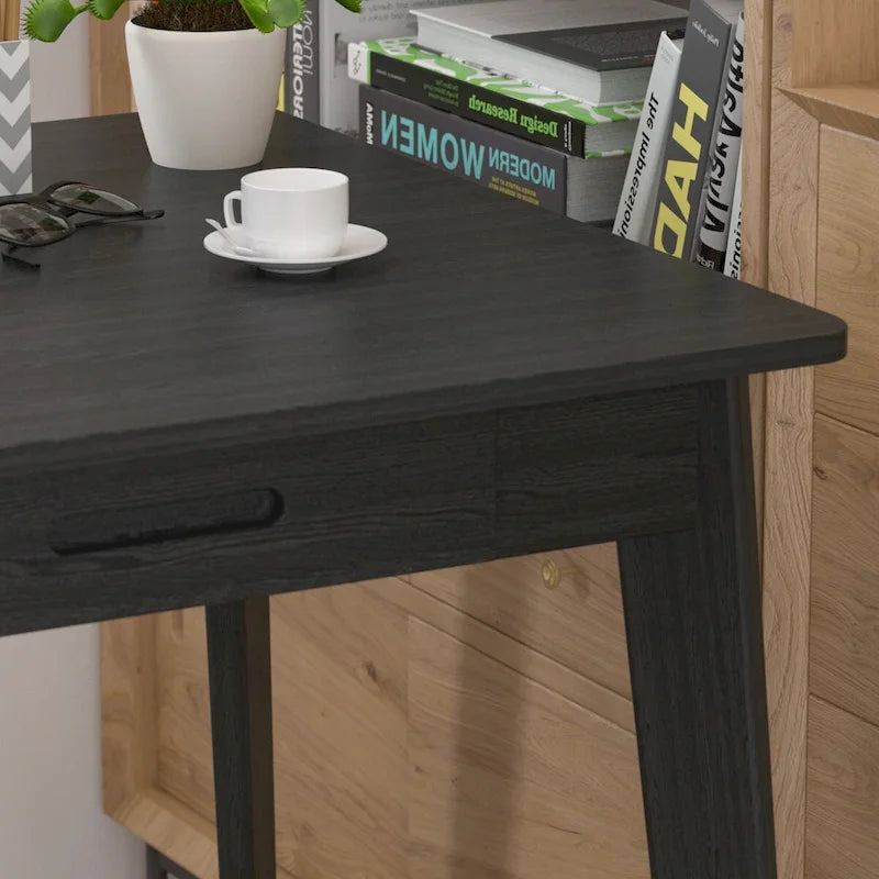 Schreibtisch aus weißer Eiche, 2 Schubladen, Massivholz, konische Beine, abgerundete Ecken, 39.4 Inch