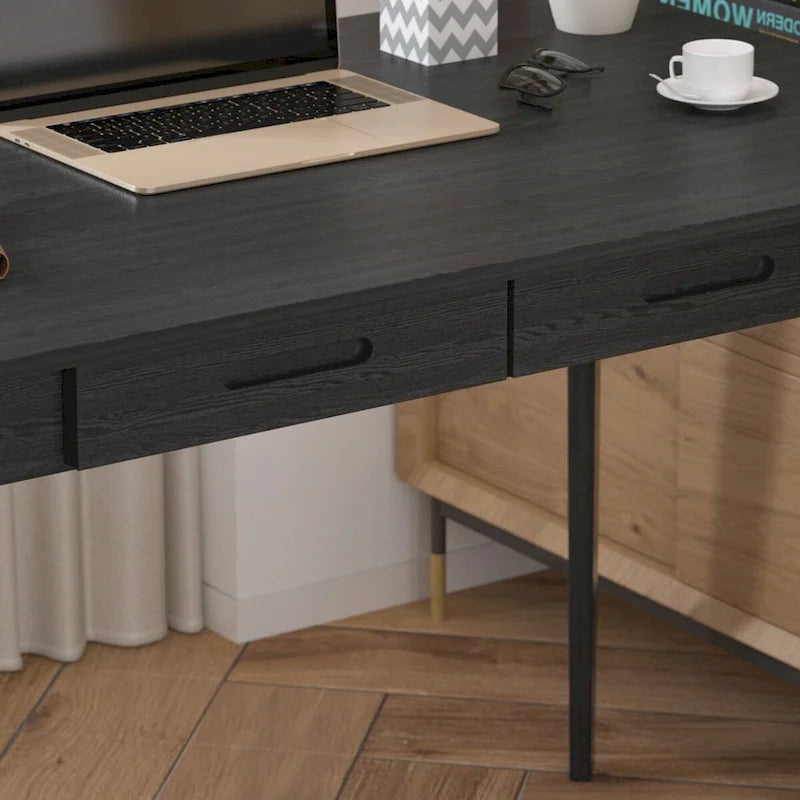 Schreibtisch aus weißer Eiche, 2 Schubladen, Massivholz, konische Beine, abgerundete Ecken, 39.4 Inch