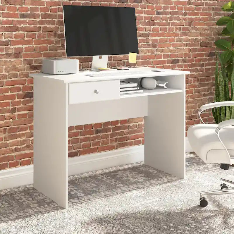 White Compact Writing Desk Drawer Open Compartment Home Office Small Space
