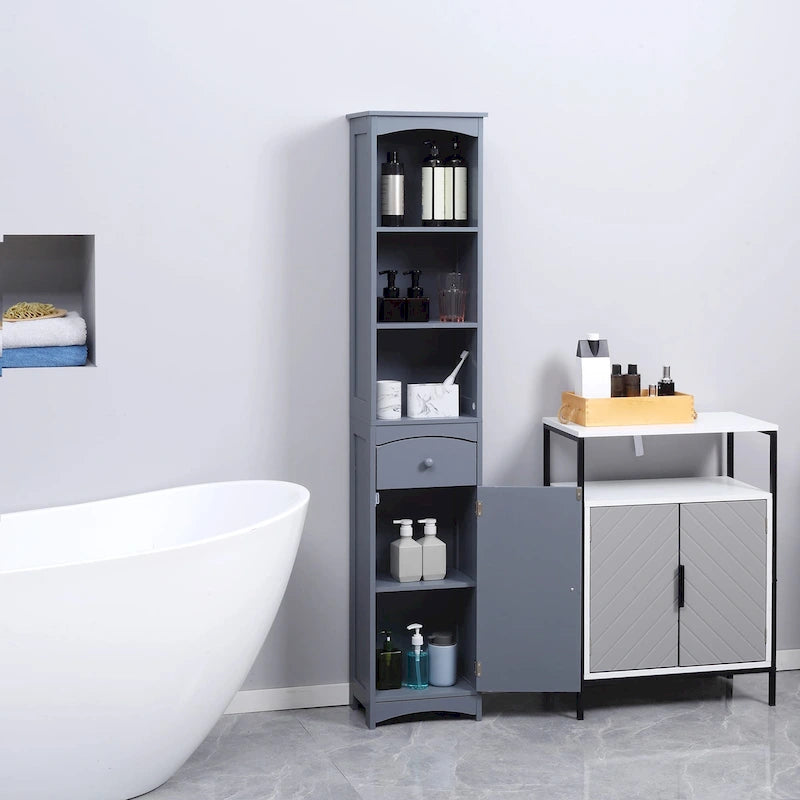 Tall Freestanding Bathroom Linen Tower Cabinet Open Shelves Drawer Door