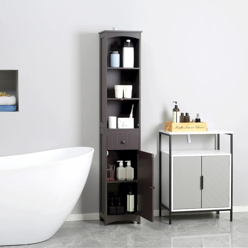 Tall Freestanding Bathroom Linen Tower Cabinet Open Shelves Drawer Door