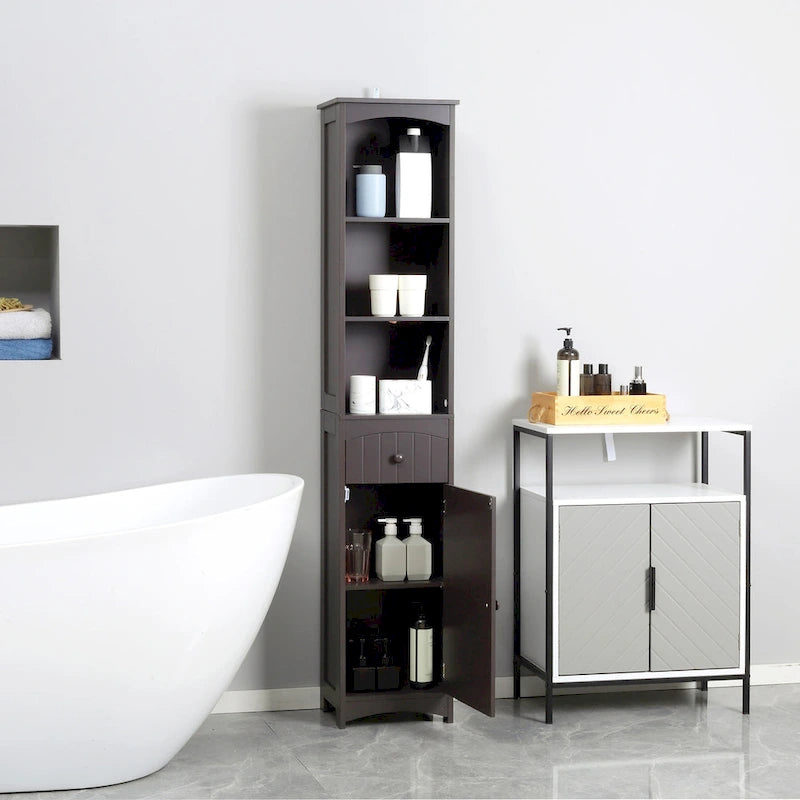 HOMCOM Bathroom Storage Cabinet, Free Standing Bath Storage Unit, Tall Linen Tower with 3-Tier Shelves and Drawer, Brown
