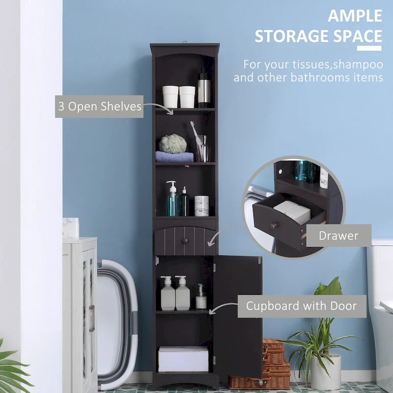 Tall Freestanding Bathroom Linen Tower Cabinet Open Shelves Drawer Door