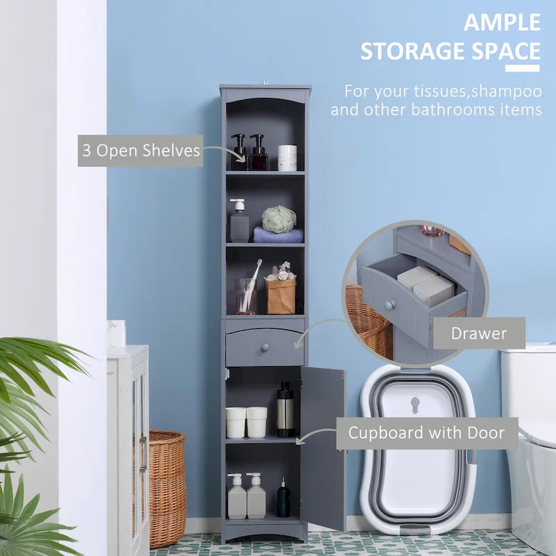 Tall Freestanding Bathroom Linen Tower Cabinet Open Shelves Drawer Door