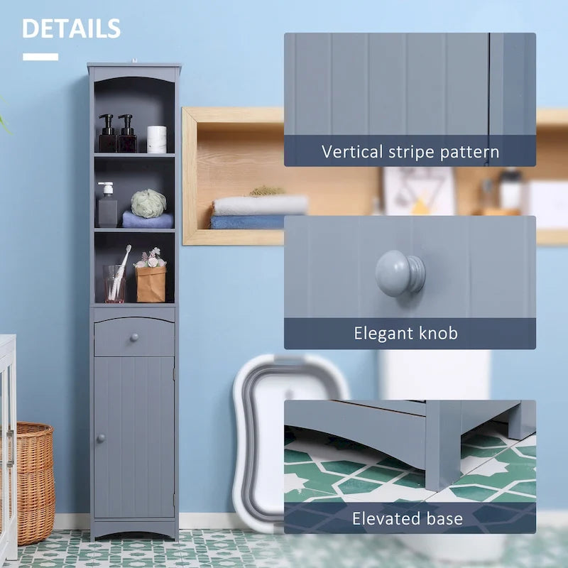 Tall Freestanding Bathroom Linen Tower Cabinet Open Shelves Drawer Door