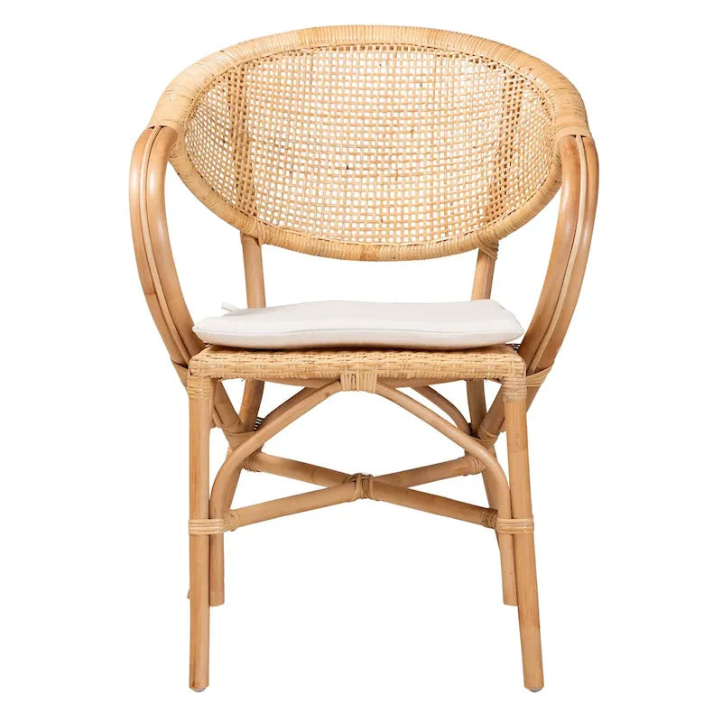 Natürlicher brauner Rattan-Esszimmerstuhl mit Armlehnen, geflochtener runder Rückenlehne und abnehmbarem Kissen, Boho-Stil