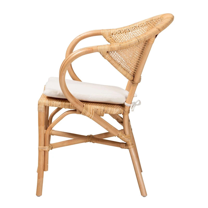 Natural Brown Rattan Dining Armchair Woven Round Back Removable Cushion Bohemian
