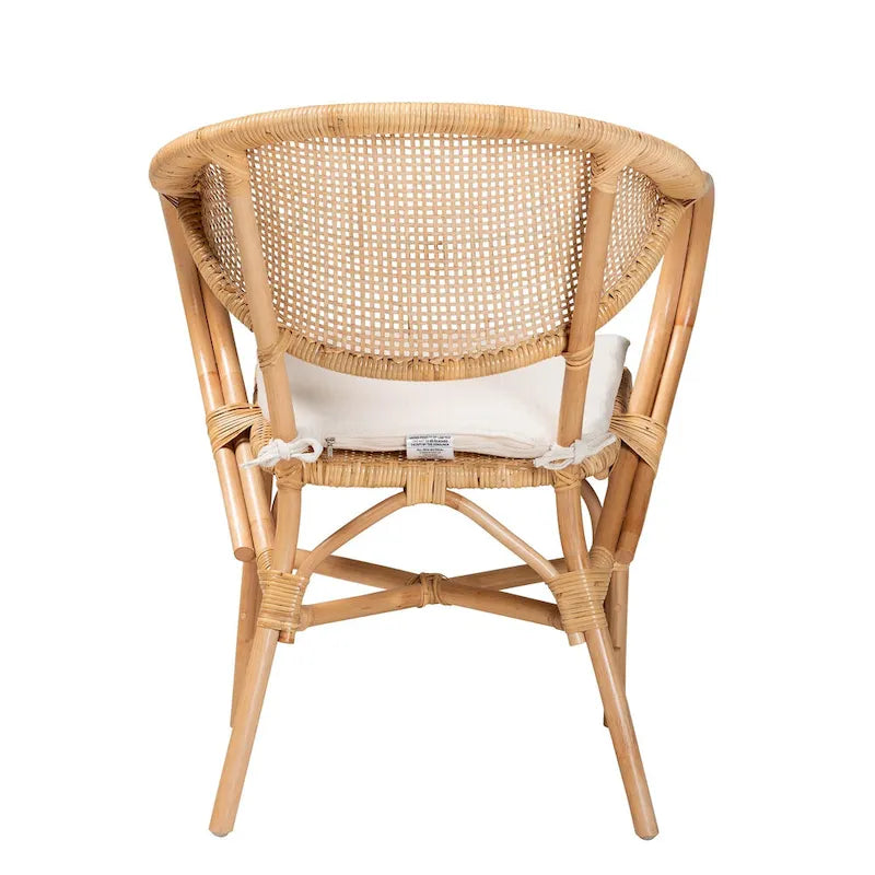 Natürlicher brauner Rattan-Esszimmerstuhl mit Armlehnen, geflochtener runder Rückenlehne und abnehmbarem Kissen, Boho-Stil