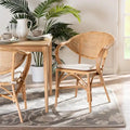 Natürlicher brauner Rattan-Esszimmerstuhl mit Armlehnen, geflochtener runder Rückenlehne und abnehmbarem Kissen, Boho-Stil