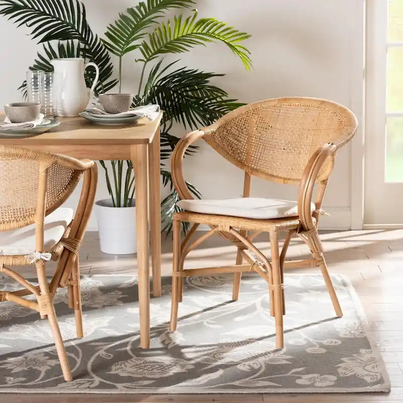 Natural Brown Rattan Dining Armchair Woven Round Back Removable Cushion Bohemian