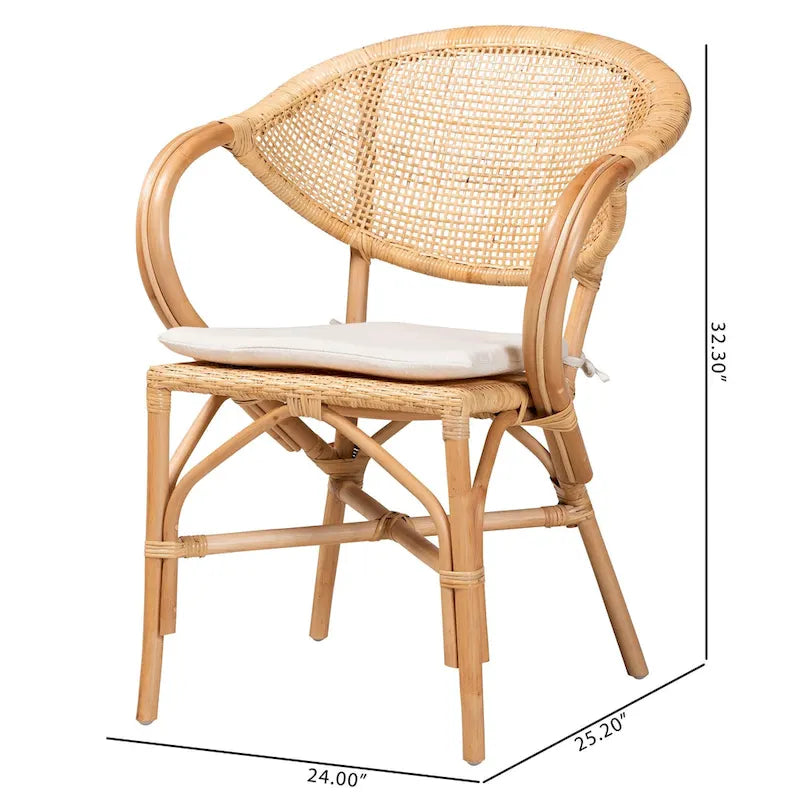 Natürlicher brauner Rattan-Esszimmerstuhl mit Armlehnen, geflochtener runder Rückenlehne und abnehmbarem Kissen, Boho-Stil
