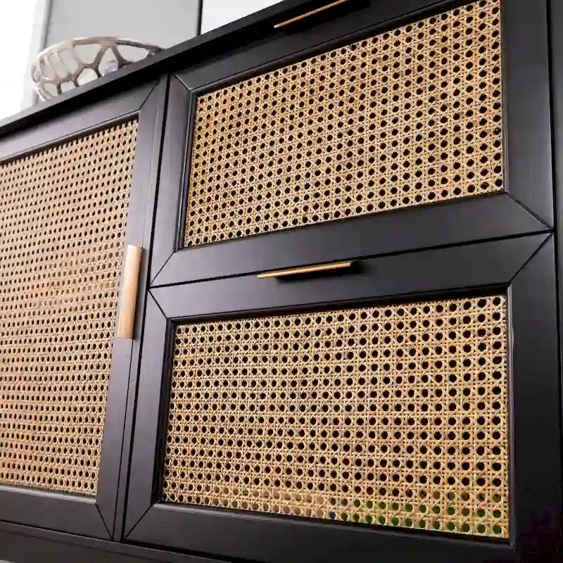 Black Rattan Sideboard Cabinet with Drawers Brass Hardware Natural