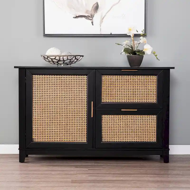 Black Rattan Sideboard Cabinet with Drawers Brass Hardware Natural